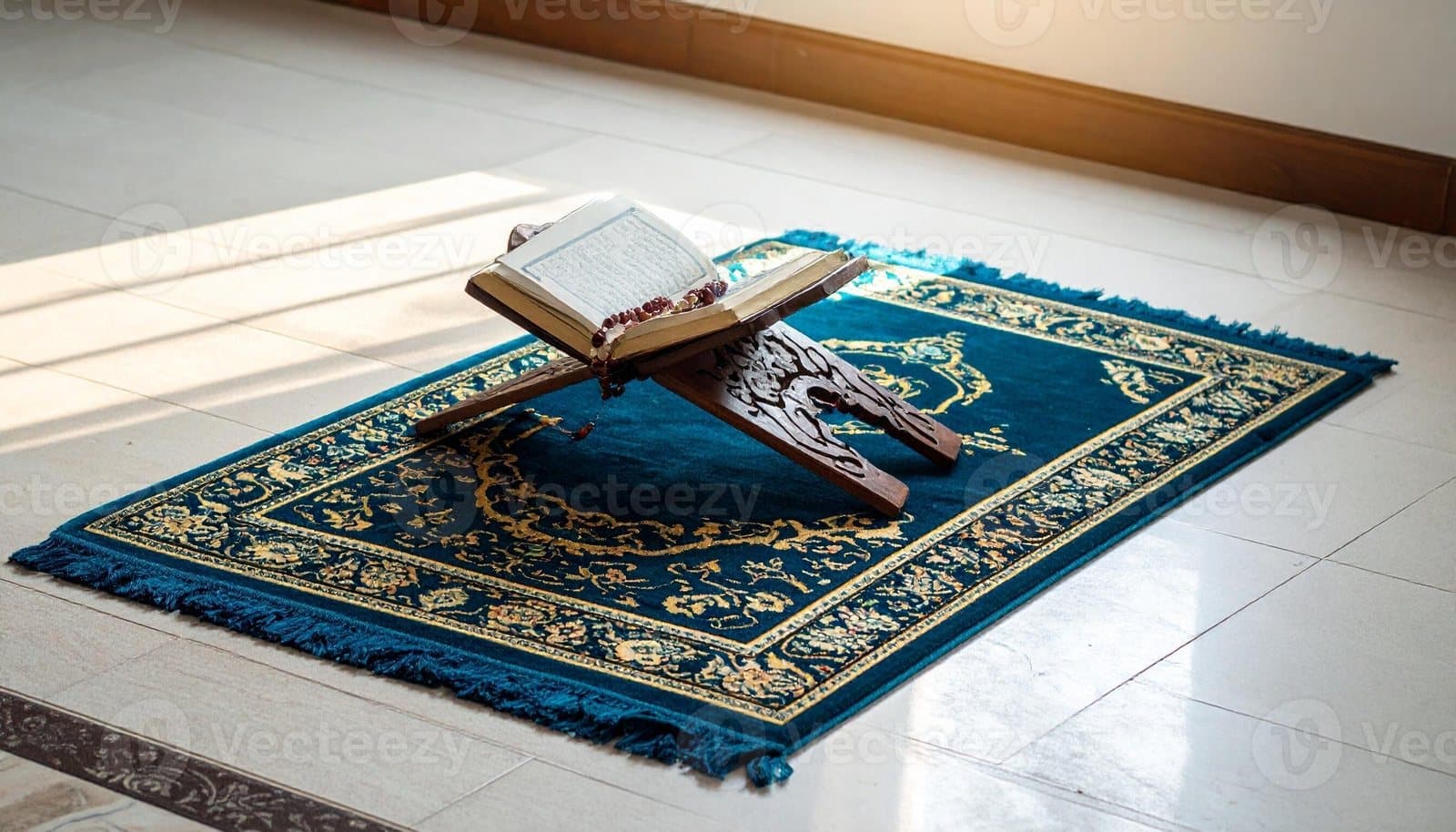 Open Quran on a rehal with prayer beads on a prayer rug in sunlight