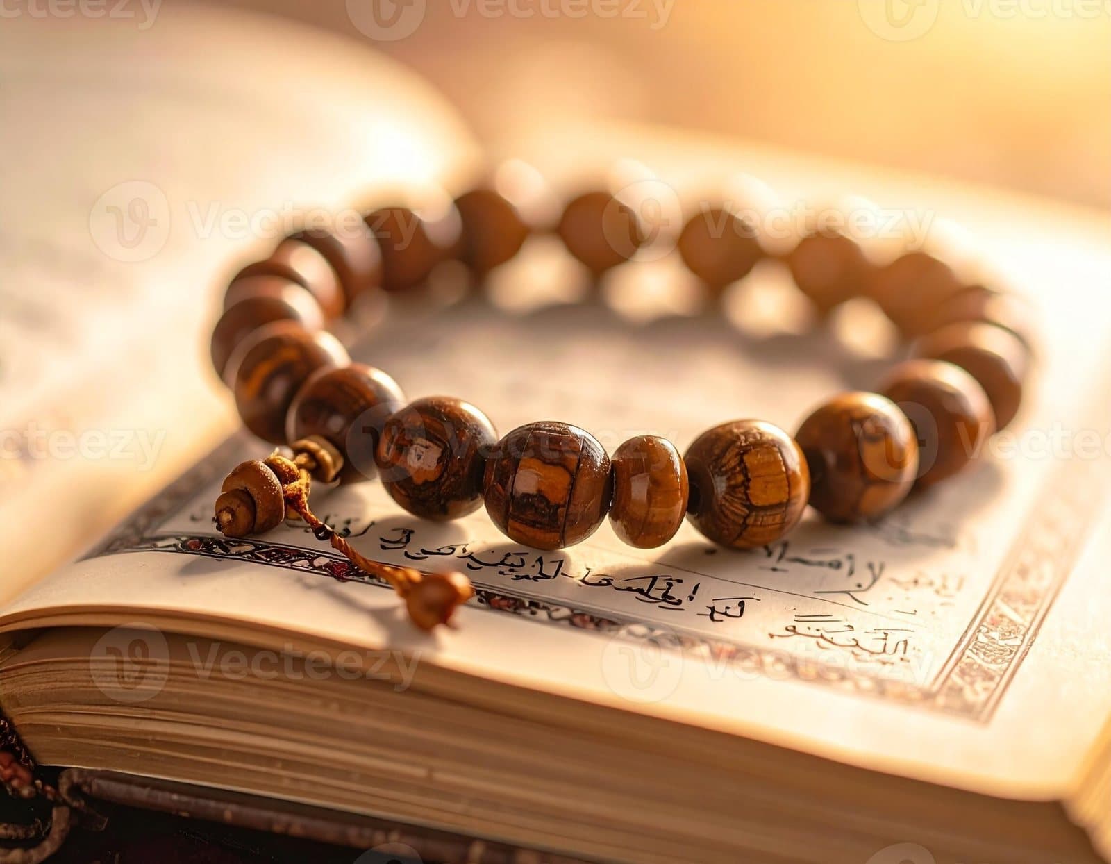 Quran with tasbih prayer beads resting on it